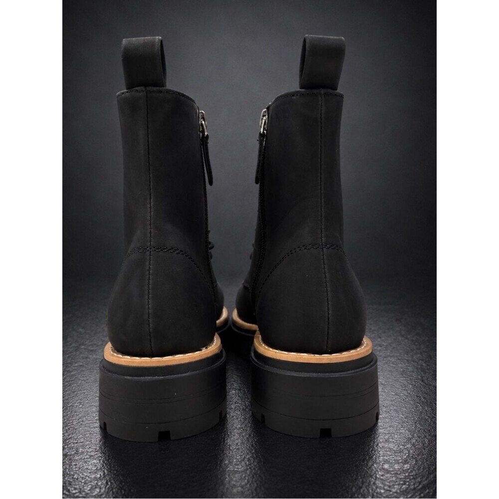 TOMS Black Combat Leather Boots Lace Up Side Zip Womens Size 7 Like New - Picture 2 of 10